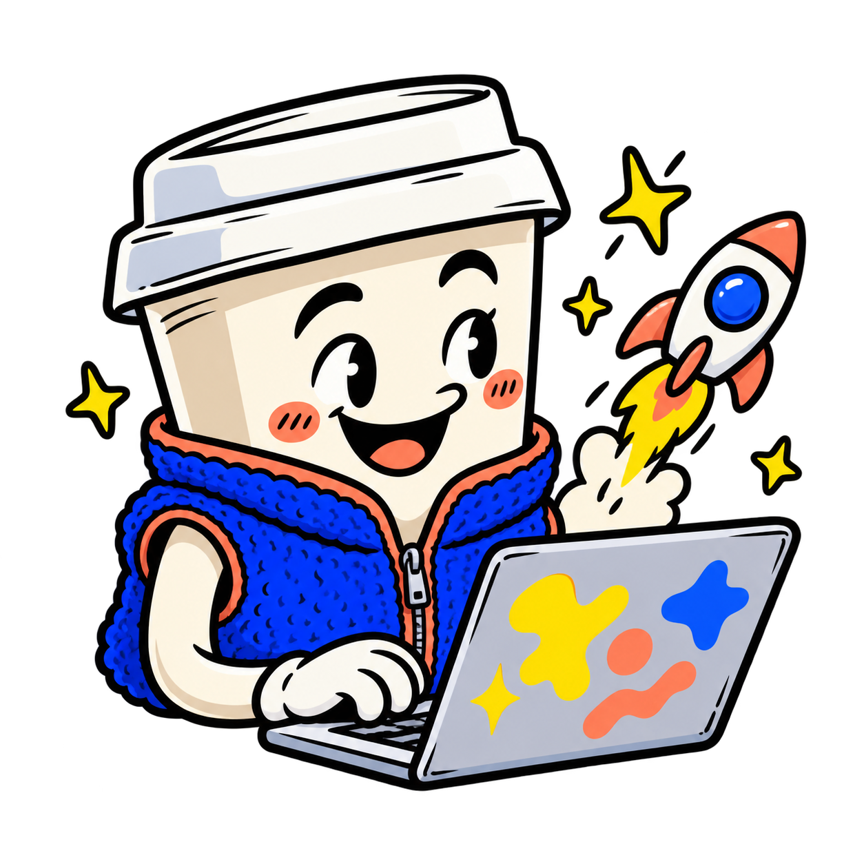 FYSK's coffee-cup mascot with laptop and rocket